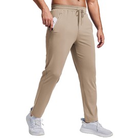 PINSPARK Mens Joggers with Zipper Pockets Lightweight Athletic Track Pants Quick Dry Workout Gym Sweatpants for Men Khaki L