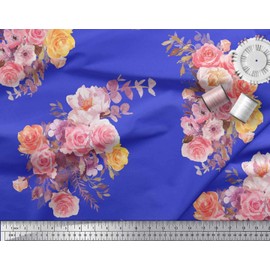 Soimoi Blue Velvet Fabric Leaves,Rose & Peony Floral Printed Craft Fabric BTY 58 Inch Wide