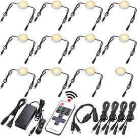 Lvyinyin Slim Under Cabinet LED Puck Lights, 110V Wired Accent Lighting Kit, Plug-in & Direct Hardwiring, Daisy Chained linkable, RF Remote Dimmable, Black Cables, Warm White 2700K, 12 Lights
