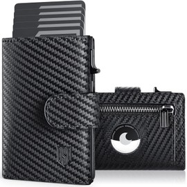 DODENSHA AirTag Wallet, RFID Blocking Genuine Leather Pop Up Credit Card Holder Wallet with Coin Pocket, ID Window, Banknote Compartment & Snap Closure