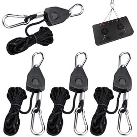 TDDL 4Pcs Heavy Duty Ratchet Ropes 1/8 inch Adjustable Grow Light Rope Hangers Ratchet with Carabiner Hook Clip for Grow Room Equipment,Flowers, Plants 6-ft Long & 150lbs Weight Capacity