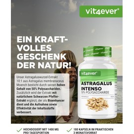 Astragalus Extract Capsules – 1400mg High Strength (10:1), 50% Polysaccharides, with Black Pepper for Enhanced Absorption, Vegan, No Additives, Lab-Tested, 180 Capsules