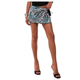 SweatyRocks Women's Sequin Short Skirt Zebra Striped Lace Up Mini Party Skirts Blue Small