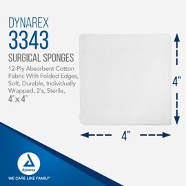 Dynarex Surgical Gauze Sponges - Absorbent Cotton Fabric with Folded Edges - Soft, Durable, Individually Wrapped Dressing - 4x4, 12-Ply, Sterile 2's - Box of 25 Pouches, 2 Sponges Per Pouch