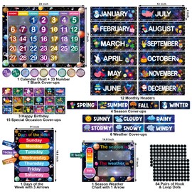 Outer Space Classroom Calendar Set Bulletin Board Galaxy Solar System Theme Calendar Bulletin Board Set for Outer Space Theme Classroom Wall Decoration with Stickers