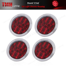 TMH 4 Pcs 4 Inch Red LED F3 Piranha Round Trailer Tail Lights 12 Diodes Super Bright Sealed Surface Mount for Truck Cabin Bus RV Tow Dump Heavy Duty 12V DC with Chrome Bezel GAC12