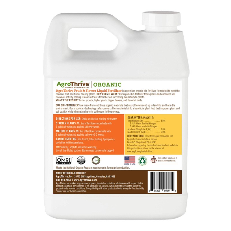 AgroThrive Fruit and Flower Organic Liquid Fertilizer - 3-3-5 NPK