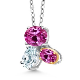 925 Silver and 10K Yellow Gold Pink Created Sapphire and Sky Blue Aquamarine Pendant Necklace For Women (2.90 Cttw, Oval 8X6MM, 7X5MM and 6X4MM, Gemstone September Birthstone, with 18 Inch Chain)