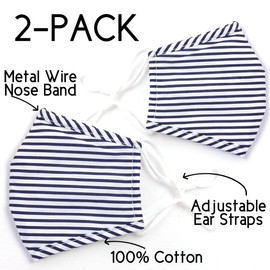 Humble Chic Breathable Cotton Face Mask - Reusable Cloth Shield, Non-Medical Use, 2-Pack: Navy Blue Stripes, Royal Blue, White Seersucker Striped 2-Pack