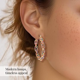 Multi Color Crystal Goldtone Paper Clip Chain Hoop Earrings for Women Birthday Gifts