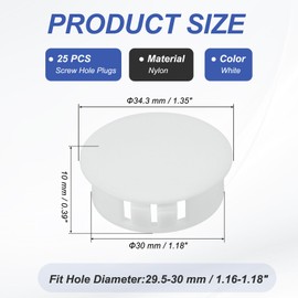 PATIKIL 30mm/1-3/16" Plastic Hole Plugs, 25 Pcs Flush Type Round Plug Snap in Locking Screw Hole Covers Insert End Caps for Furniture Cabinet Kitchen Door Shelves, White