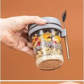 Overnight Oat Container with Lid and Spoon Set, 10 oz Large Airtight Oatmeal Container with Measure Marks Cereal, Milk, Vegetable and Fruit Salad Storage Containers (white and grey)