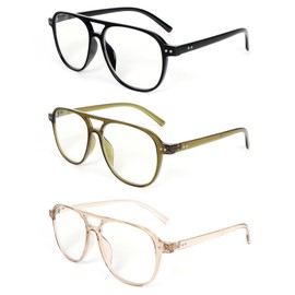 MMOWW 3 Pack Oversized Aviator Reading Glasses for Women Men Stylish Double Bridge Pilot Style Blue Light Blocking Readers, Black/Light Green/Champagne +3.5