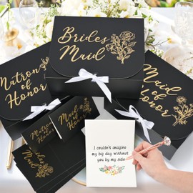 10 Pack Will You be My Bridesmaid Cards Set, 8 Bridesmaid 1 Maid of Honor 1 Matron of Honor Proposal Cards with Gold Foil and Floral Bouquet Design - Elegant Wedding Party Invitation Gifts（Black）