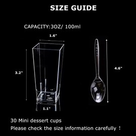CEZOOWYEX 100 Pack Square Mini Dessert Cups with Spoon, 3oz Clear Shooter Cups for Party, Reusable Plastic Pudding Parfait Cups for Yogurt Jello Ice Cream