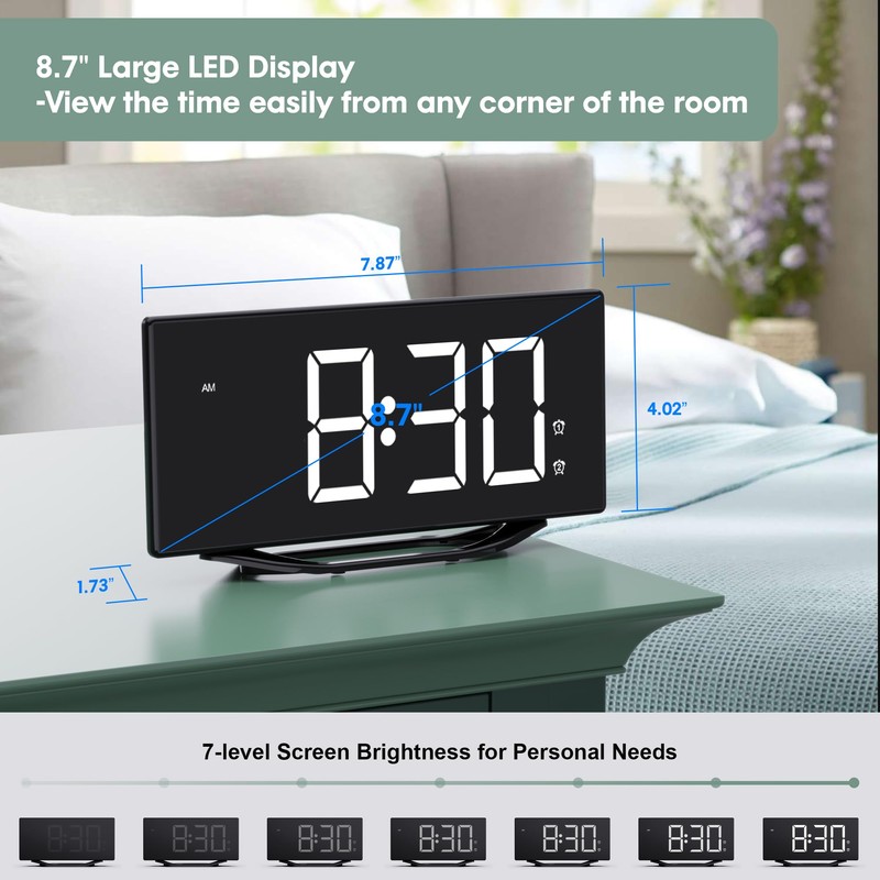 Digital Clock Large Display for Bedrooms, 8.7" LED Dual Alarm