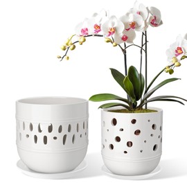 COLOAPT Orchid Pot with Holes, 5+6 Inch Ceramic Orchid Pots, Flower Pots with Drainage and Saucer, Promoting Air Circulation and Drainage, Indoor/Outdoor Plant Pot, Set of 2 - White