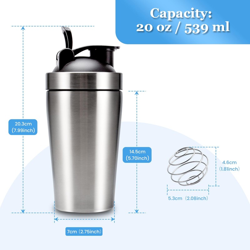 VALESKA Stainless Steel Protein Shaker Bottle, 20-Ounces, Insulated, Leak Proof,
