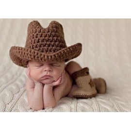 Vomdrok Newborn Photography Props Outfits Cute Cowboy Hat Shoe Set Infant Baby Boy Girl Photoshoot Props Costume (Light Brown)
