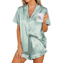 Ekouaer Silk Pajamas Womens Short Sleeve Sleepwear 2 Piece Satin Pjs Shorts Set Button Down Loungewear Striped Green XL