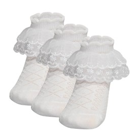 Luvrionex Toddler Girl Ruffle Ankle Socks Double Lace Frilly Socks for Princess Dress Outfits 3 Pairs White 4-6 Years