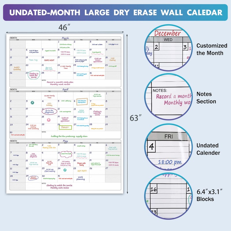 Dry Erase Vertical Three Month Laminated jumbo Wall Calendar, 46