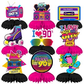 INRUI 9 Pieces 90s Party Honeycomb Centrepieces Back to 90s Themed Birthday Party Decorations Retro 1990s Hip Hop Party Table Toppers Supplies
