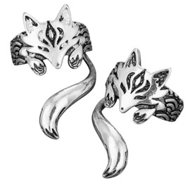 2 Fox Ear Cuffs / 1 Pair Earrings 2 Pcs Left and Right Ears Silver Animal Non-Hole Fake Inago CP792
