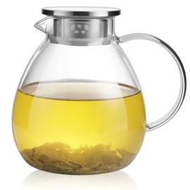 GURUDAR 68OZ/2000ML One Touch Glass Teapot with Stainless Steel Filter Lid, Stovetop & Microwave Safe Tea Maker Water Kettle, Strainer & Cover 2 in 1 Loose Leaf Tea Steeper Pot Coffee Carafe
