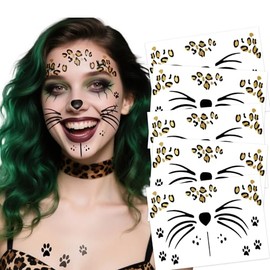 MKHTOQE 5 Sheets Leopard Face Metallic Temporary Tattoos - Gold Cheetah Cat Face Tattoo - Body Art Stickers Makeup Accessories for Women Men Halloween Costume Party