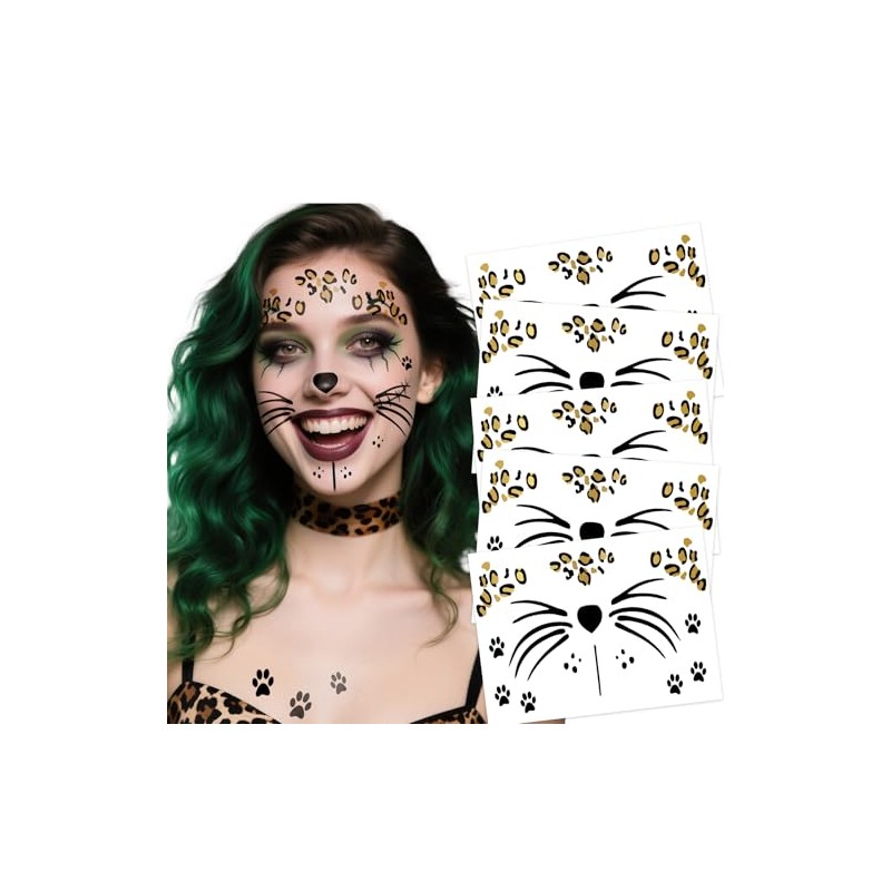 MKHTOQE 5 Sheets Leopard Face Metallic Temporary Tattoos - Gold