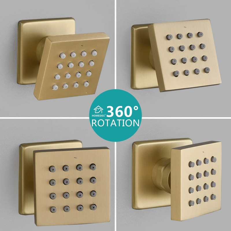 Brushed Gold 4 Pack HOMEDEC 2inch Brass Square Massage Shower