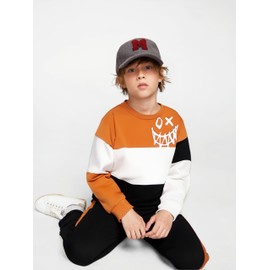 Toddler Baby Boy Clothes Cartoon Face Print Colour Blocking Sweatshirt + Sweatpants 2PC Fall Winter Outfits Set(7-8T)