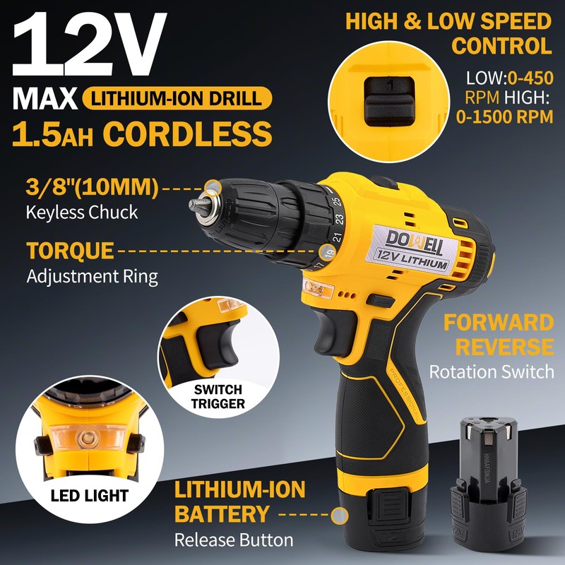 DOWELL Tool Set with 12V Cordless Drill, 223-Pcs Home Tool
