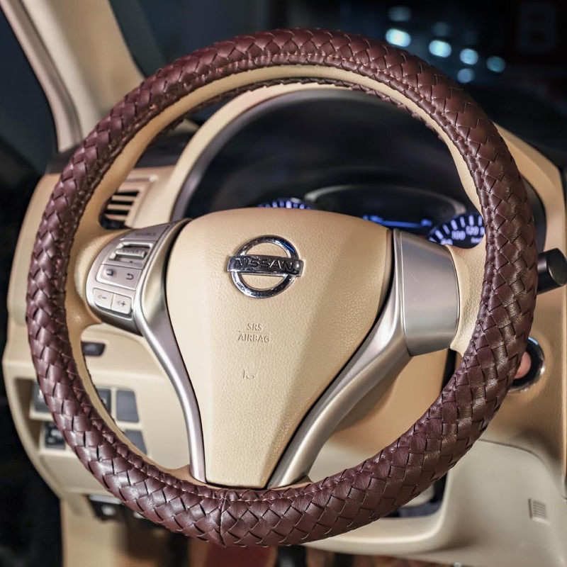 Men Steering Wheel Cover Leather for Car Brown Hand-Made Wheel