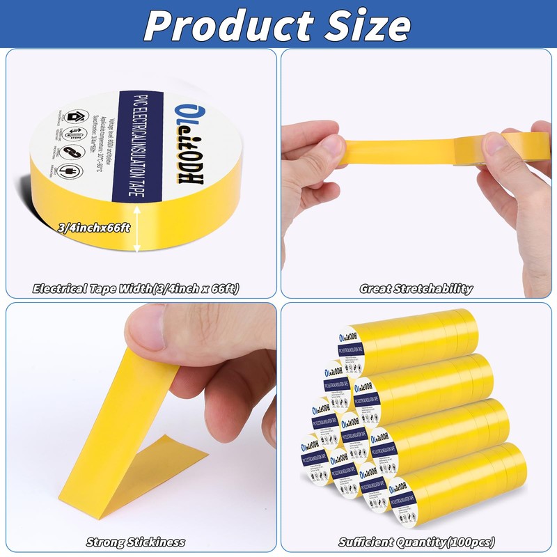 100 Rolls Yellow Electrical Tape Bulk 3/4 Inch x 66ft,