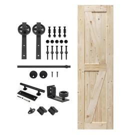 S&Z TOPHAND 24 in. x 84 in. Unfinished British Brace Knotty Barn Door with 5FT Sliding Hardware Kit/Solid Wood/Sliding Door/Double Surfaces/A Simple Assembly is Required
