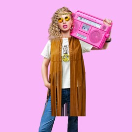 ATAMET 60s 70s Outfits for Women Hippie Costume Fringe Vest Faux Suede Tassel Vest Bohemia Headband Hippie Party Costume