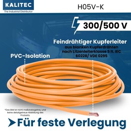 Kalitec 10 Metres H05V-K 1 mm² Orange Wiring Cable I Flexible PVC Single Core I Stranded 1 mm2 I Wiring Fine-Strand I Single Cable I Single Wire I Switch Wire