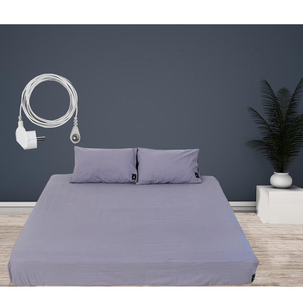 HUNAIGEE Grounding Fitted Sheets 153 x 203 cm Universal Grounding Bed Sheet with EU Grounding Cable Grounding Sheet Made of 95% Organic Cotton with 5% Silver Chamfer Grounding Mat for Bed