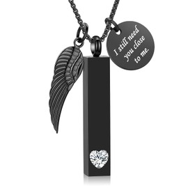 Oinsi Cremation Jewelry for Ashes with Angel Wing Charm Vertical Bar Urn Necklace Heart Birthstone Stainless Steel Memorial Pendant Keepsake for Women Men - White