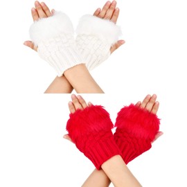 Boao 2 Pairs Fingerless Winter Gloves Short Touchscreen Gloves Thumb Hole Mittens Knitted Warm Gloves with Faux Fur (White and Red)