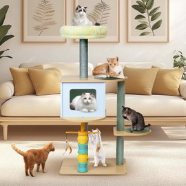 Pawalaya 49.2" Cat Tree Tower for Large Cats - 5-Level Solid Wood Cat Condo with Sisal Scratching Posts, Plush Perch & Feather Toys | Multi-Cat Friendly, Sturdy Construction