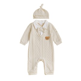 Youweixiong Newborn Infant Baby Boy Knit Romper Bear Embroidery Long Sleeve Lapel Neck Bowtie Jumpsuit Sweater Cute Fall Winter Clothes (Apricot, 0-3 Months)