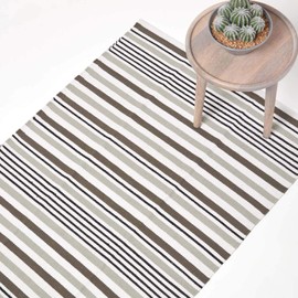 HOMESCAPES Small Modern Striped Cotton Rug Black and Grey 60 cm x 100 cm, (2ft x 3ft) (S) Contemporary Scandinavian Living Room & Bedroom Mats