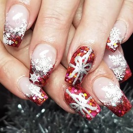 24Pcs Christmas Press-on Nails: Red Glossy Medium Coffin Acrylic False Nails - Bow & Snowflake Design, Full Cover Stick-on Nails for Women Xmas Winter Manicure