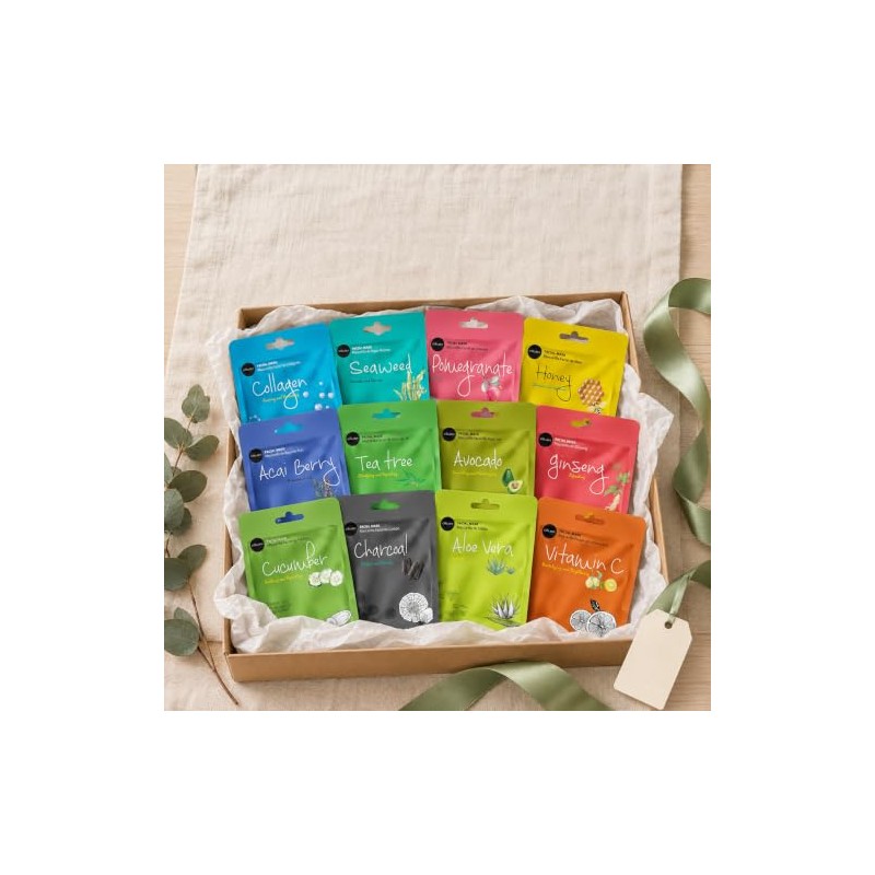 Celavi Collagen Facial Face Mask (12-Sheets) Classic Korean Skincare Lighten,
