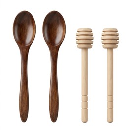 4 Pcs Wooden Honey Dipper Set, Natural Wood Honey Spoon & Honey Drizzler Stick, Reusable Honey Dippers for Jar, Tea, Coffee, Syrup & Kitchen Use