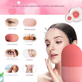 Facial con rodillo de hielo: bandeja de hielo de silicona para el glaseado facial, espátula de acero inoxidable y rodillo 3D para el peinado facial, bolsa de maquillaje para guardarlo, adecuado (Pink)