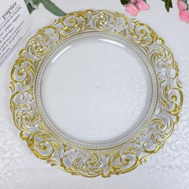 13 Inch Gold Charger Plates Set of 12, Clear Plastic Dinner Charger Plates with Gold Embossed Floral for Dinner Wedding Party